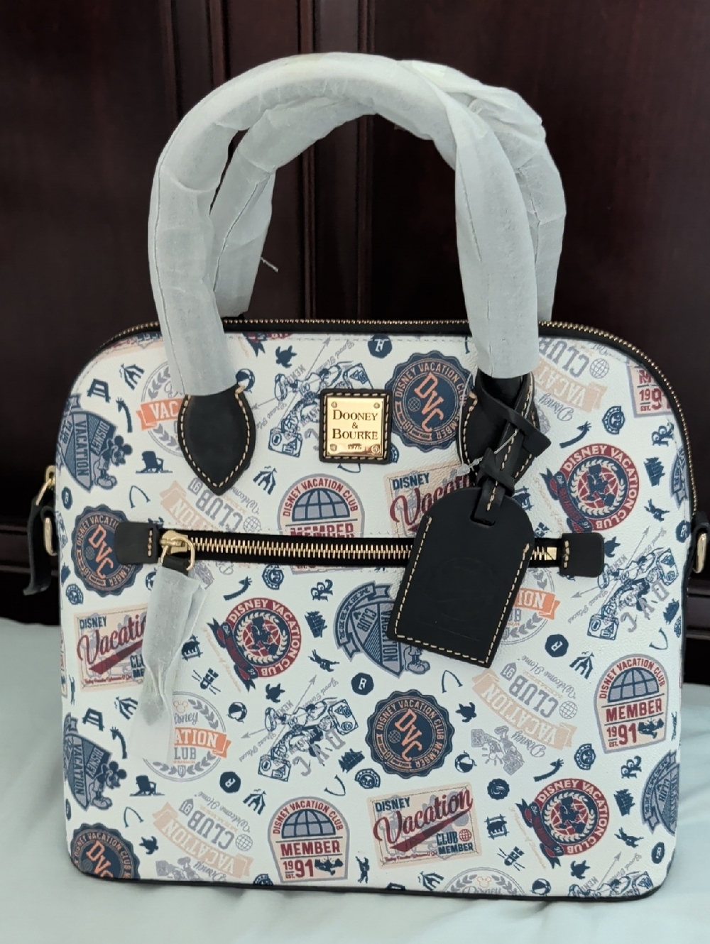 Dooney & Bourke White Navy Tan Disney Vacation Print Satchel